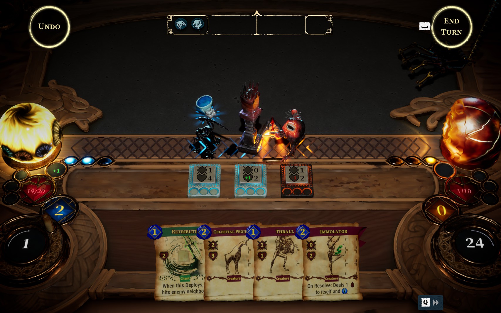 A hand of cards and a row of playing pieces