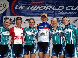 The Webcor team after the World Cup with Katheryn Curi Mattis in the centre prominently showing the World Cup leader's jersey.