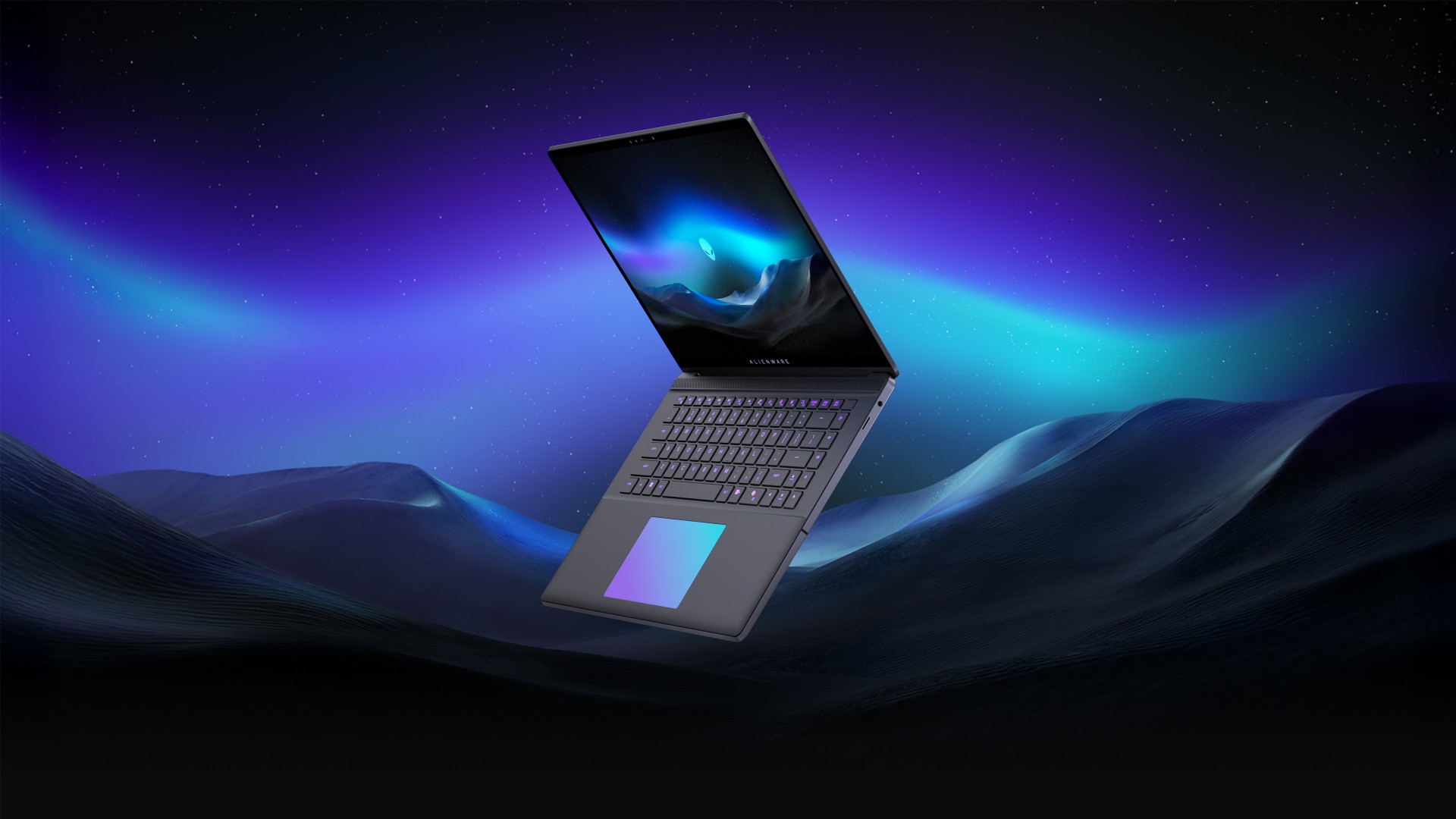 Alienware Ultra-Slim Laptop open on a purple background