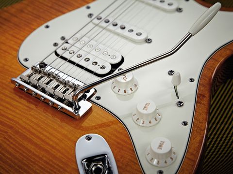 The Select Strat's two-post vibrato has vintage-style bent-steel saddles.