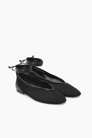 Leather-Trimmed Mesh Ballet Flats