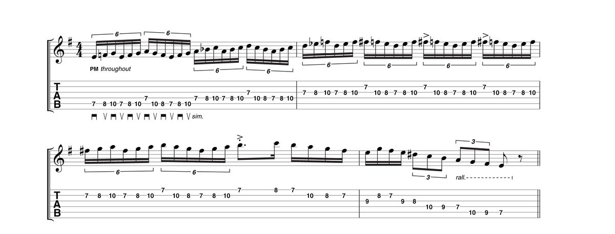 Using the same principal as the first exercise, Rodrigo mirrors the same shape across the fretboard with a repeat of the first part of the phrase.