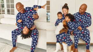 composite of a family and a father and child on a sofa wearing matching blue pajamas with a noughts and crosses print design