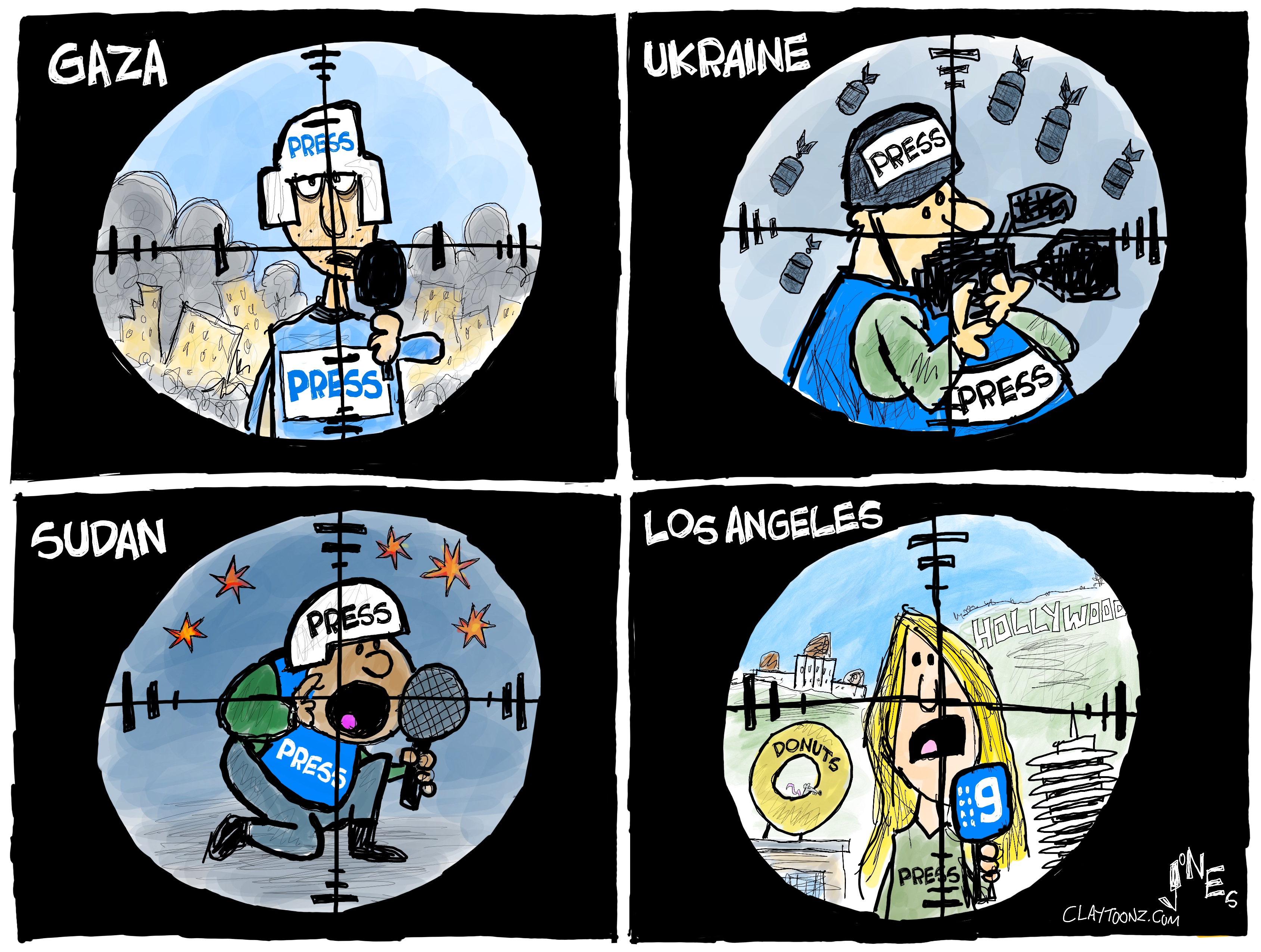 This is a four-panel political cartoon where each panel is drawn to resemble a gun site, as if the reader is looking through it at a target. The first three panels show journalists in Gaza, Ukraine, and Sudan. The final panel shows a reporter in Los Angeles.