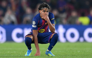Lamine Yamal of FC Barcelona reacts following defeat in the UEFA Champions League 2025/26 Quarter-Final First Leg match between FC Barcelona and Club Atl&eacute;tico de Madrid at Camp Nou 