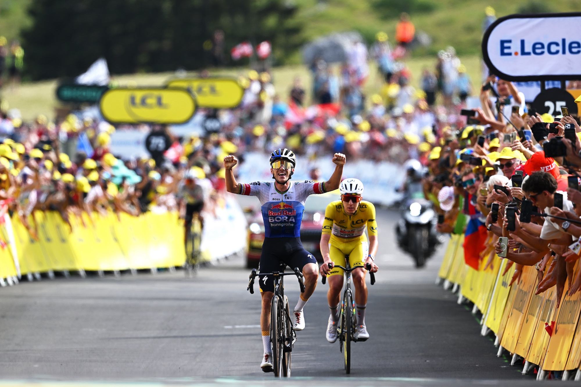 Remco Evenepoel (Red Bull-Bora-Hansgrohe) crosses the line ahead of Tadej Poga&amp;#269;ar (UAE Team Emirates-XRG) on stage 16 of the Tour de France 2026 (Photo by Dario Belingheri/Getty Images)