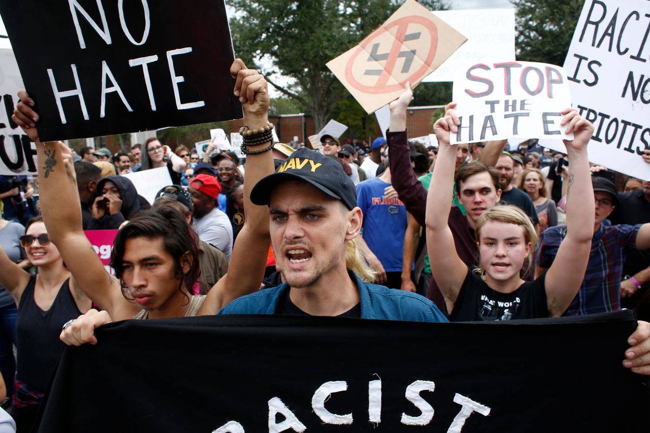 Students protest a Richard Spencer speech at the University of Florida.