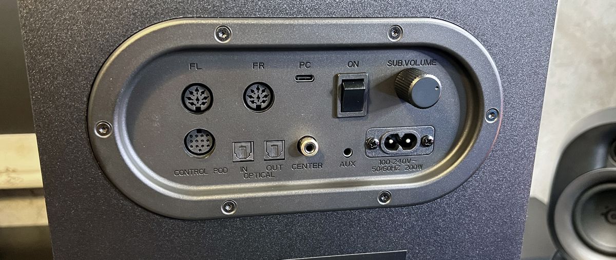 Rear view of SteelSeries Arena 9 subwoofer panel with ports.