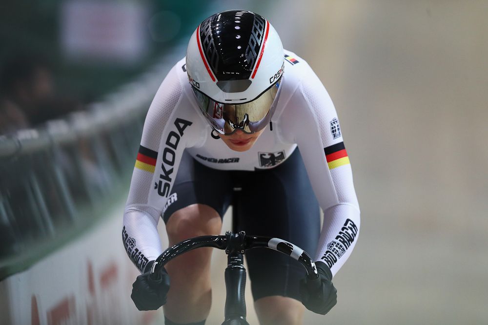 Emma Hinze of Germany competes in the Women's Sprint Qualifying on day two of the UCI Track Cycling World Championships