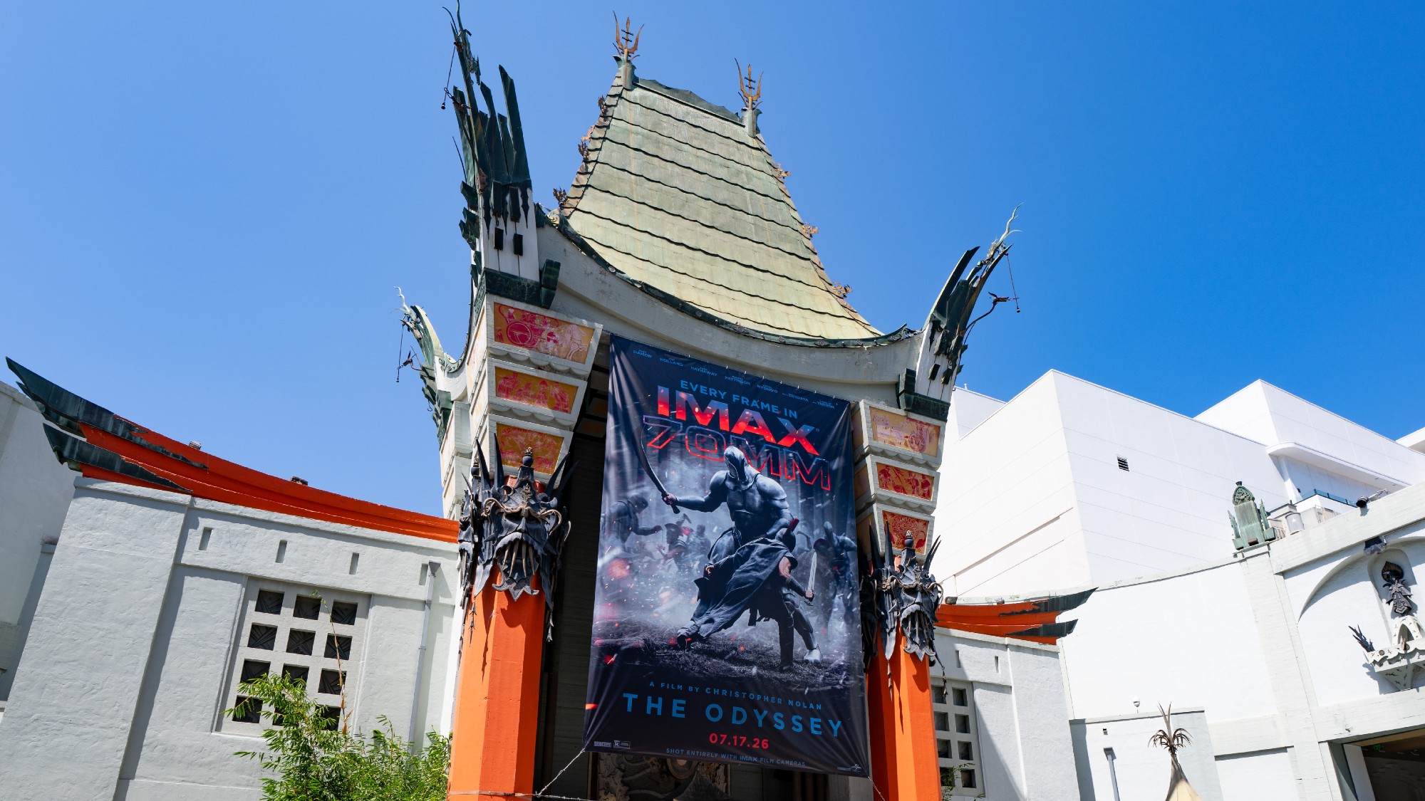 A poster advertising The Odyssey outside Hollywood&rsquo;s historic Chinese Theatre