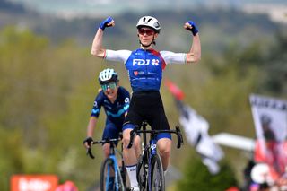 HUY BELGIUM APRIL 20 Marta Cavalli of Italy and Team FDJ Nouvelle Aquitaine Futuroscope celebrates winning ahead of Annemiek Van Vleuten of Netherlands and Movistar Team during the 25th La Flche Wallonne 2022 Womens Elite a 1334km one day race from Huy to Mur de Huy FlecheWallonne FWwomen on April 20 2022 in Huy Belgium Photo by Luc ClaessenGetty Images