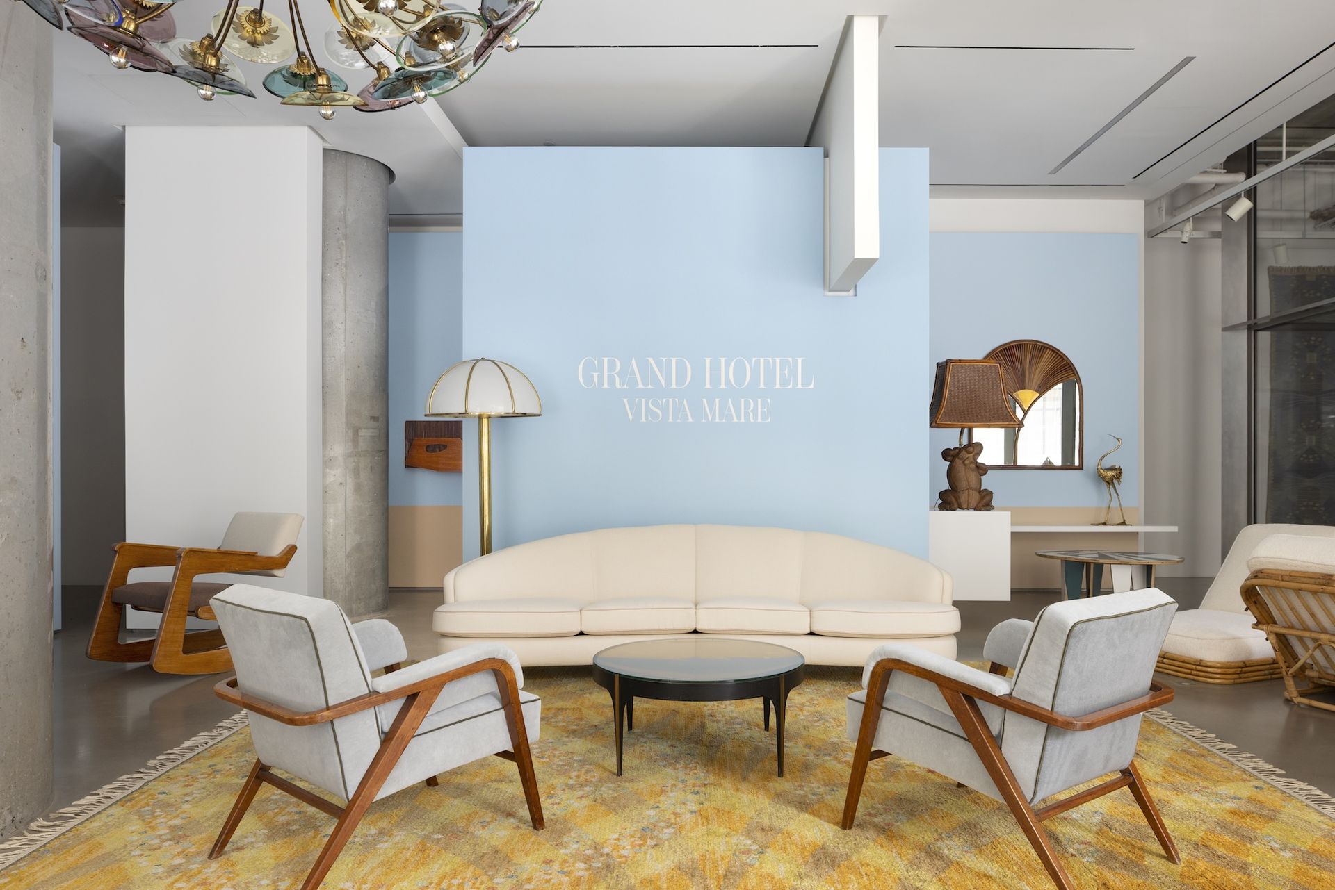 modern living room scene against a blue wall 