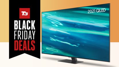Samsung Q80A 55-inch TV with Black Friday deals sign