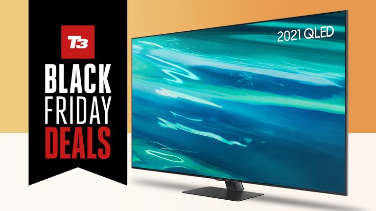 Samsung Q80A 55-inch TV with Black Friday deals sign