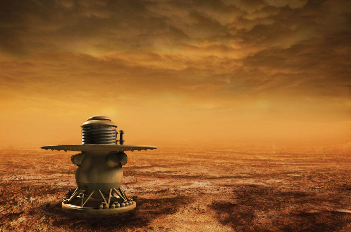 Artist's illustration showing a Venera spacecraft on the surface of Venus.