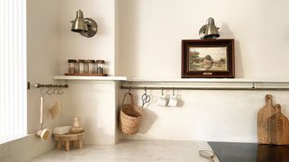 microcement kitchen worktop with hanging rail to show what not to clean with baking soda