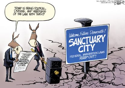 Political Cartoon U.S. Democrats Trump sanctuary city