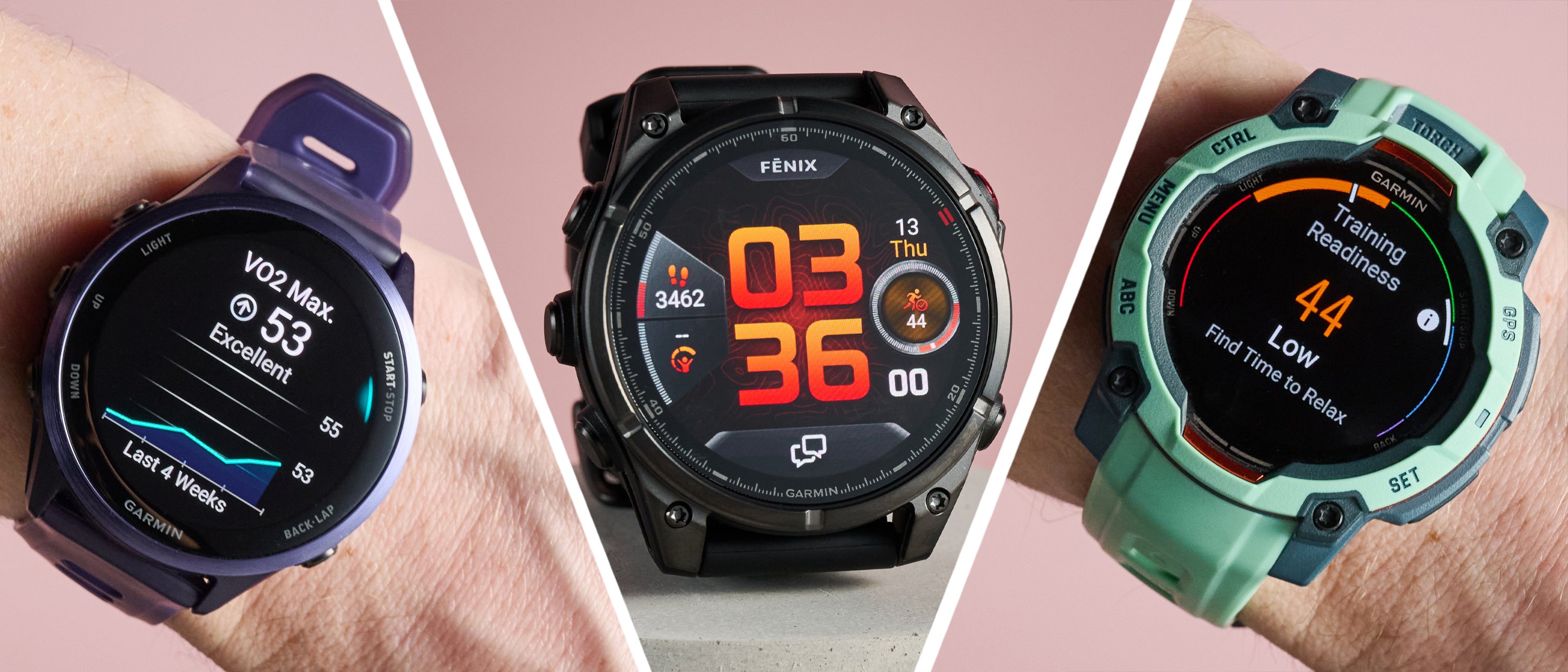 Three Garmin smartwatches