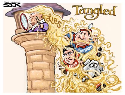 Political Cartoon U.S. Trump Iran lies Tangled Pompeo Esper