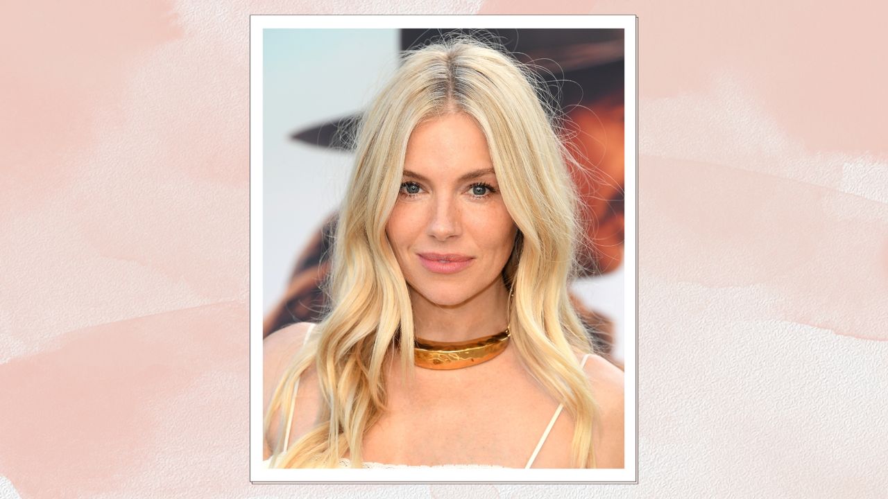 Sienna Miller arrives at the US Premiere Of &quot;Horizon: An American Saga - Chapter 1&quot; at Regency Village Theatre on June 24, 2024 in Los Angeles, California/ in a pink watercolour paint-style template