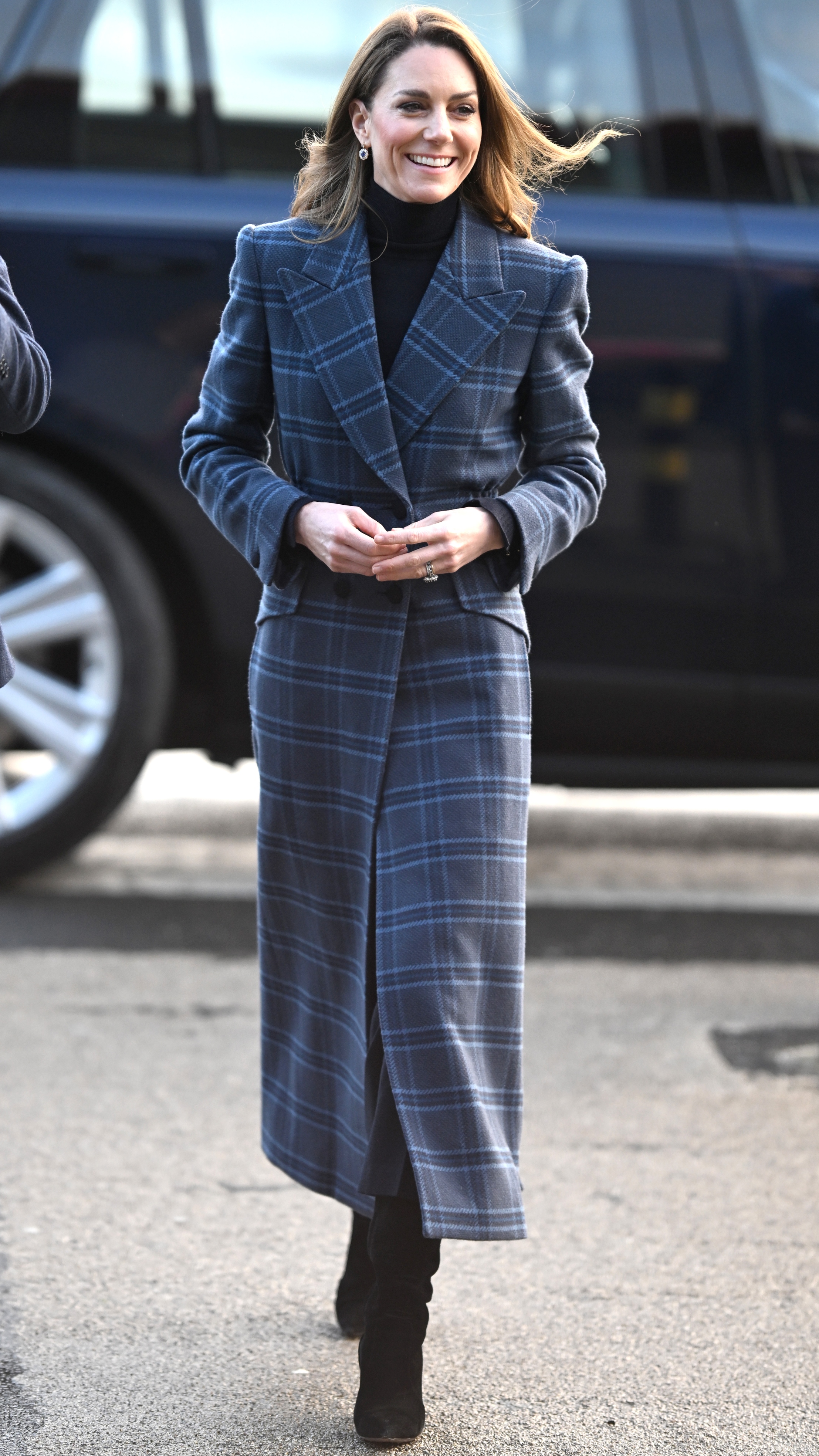 Catherine, Princess of Wales smiles as she arrives for a visit to the National Curling Academy with Prince William, Prince of Wales on January 20, 2026 in Stirling