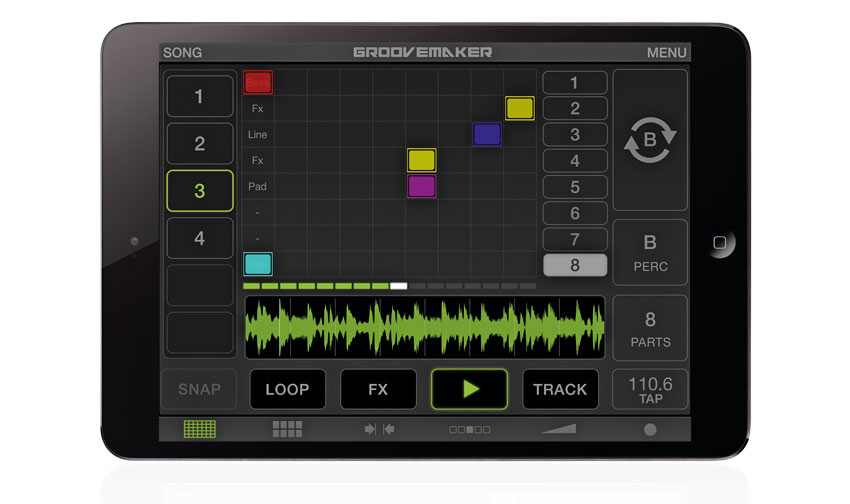 GrooveMaker 2 works with its own &quot;song&quot; format, comprising eight tracks with nine preloaded loop slots each