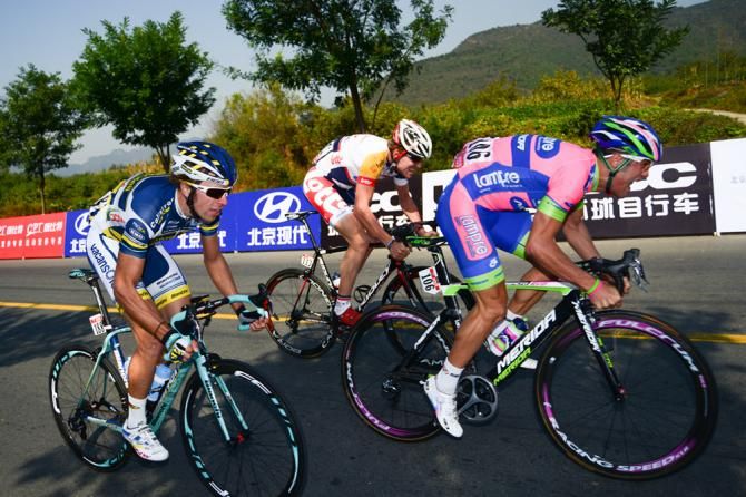 Davide Vigano (Lampre-Merida) crossed the first sprint line ahead of breakaway companions Sander Cordeel (Lotto Belisol) and Willem Wauters (Vacansoleil-DCM)