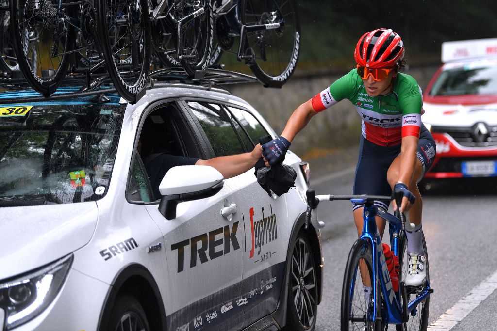 OVADA ITALY JULY 04 Elisa Longo Borghini of Italy and Team Trek Segafredo during the 32nd Giro dItalia Internazionale Femminile 2021 Stage 3 a 135km stage from Casale Monferrato to Ovada Car Feed Zone GiroDonne UCIWWT on July 04 2021 in Ovada Italy Photo by Luc ClaessenGetty Images