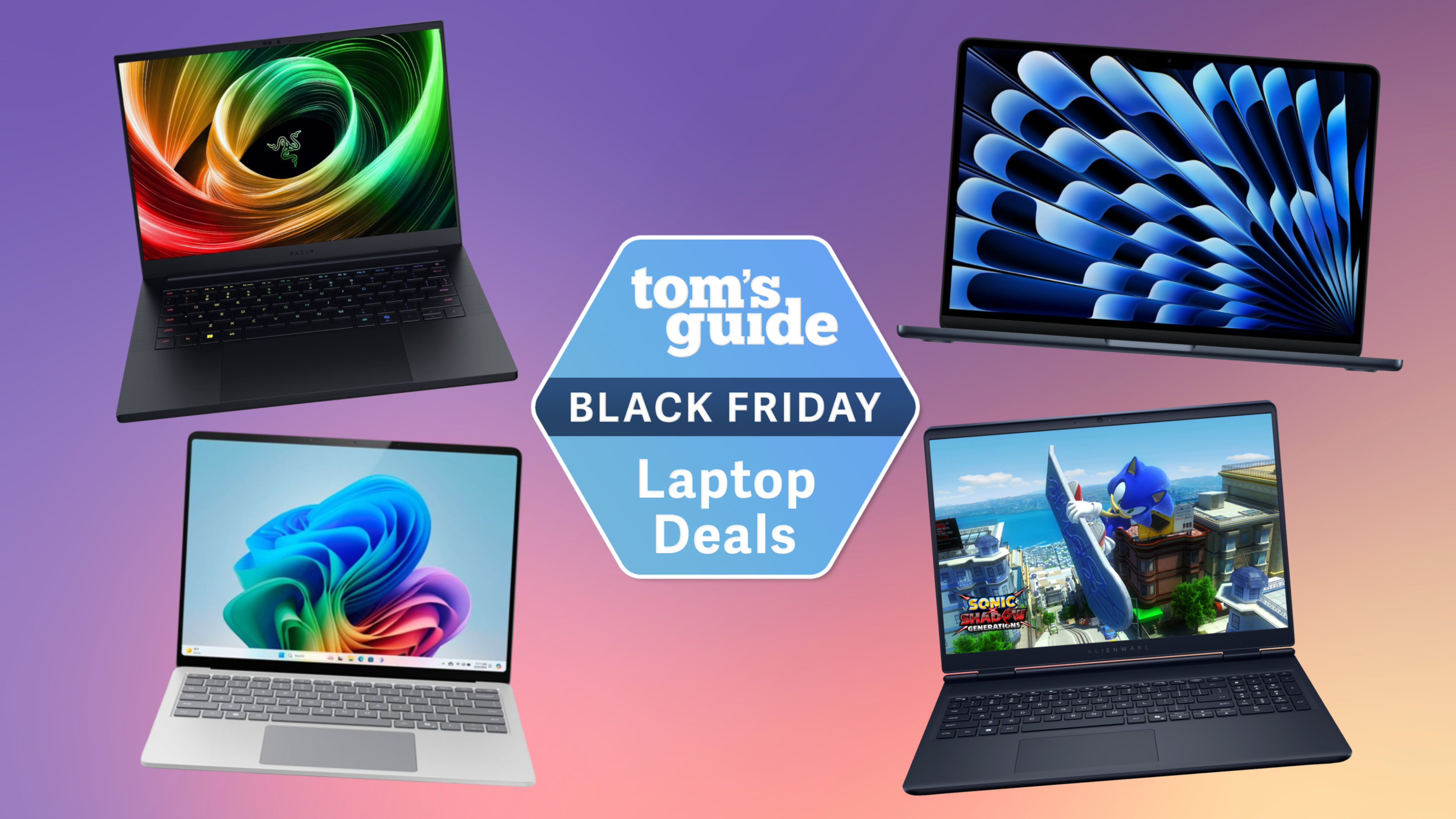Collage of laptops on colored background with Tom&#039;s Guide Black Friday Laptop Deals badge
