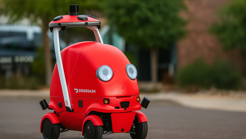 doordash red delivery robot called dot driving on the road