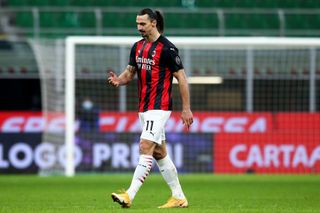 Zlatan Ibrahimovic leaves the pitch after being sent off while playing for Milan against Inter in 2021