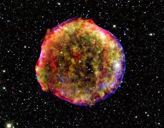 This composite image shows the flaming remnants of the Tycho supernova.