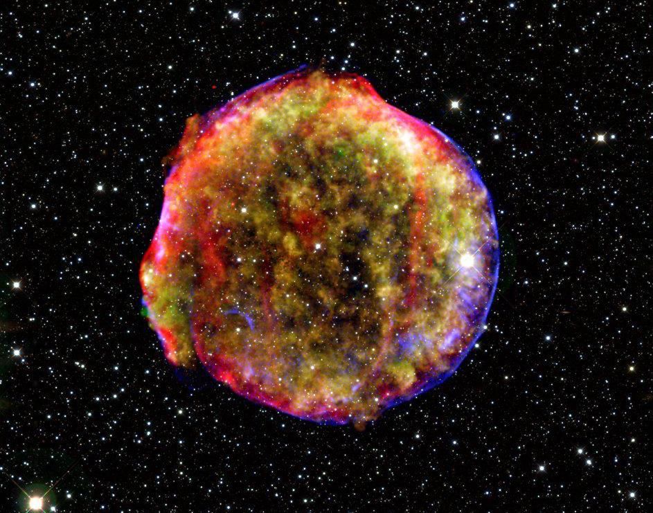 This composite image shows the flaming remnants of the Tycho supernova.