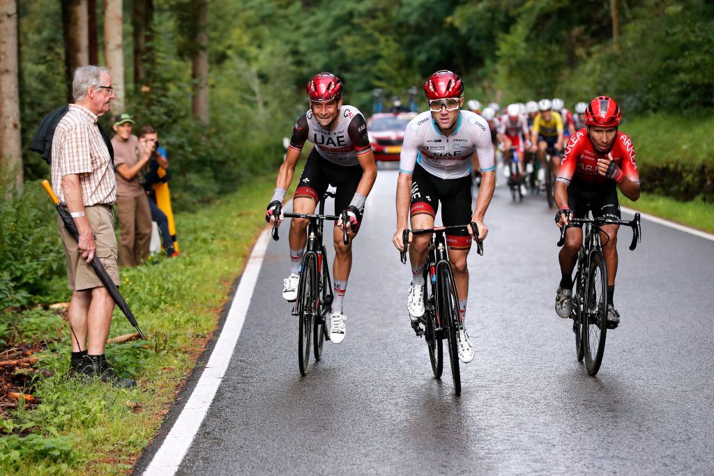 ESCHSURSRE LUXEMBOURG SEPTEMBER 15 LR Davide Formolo of Italy Marc Hirschi of Switzerland and UAE Team Emirates white best young rider jersey and Nairo Alexander Quintana Rojas of Colombia and Team Arka Samsic attack in final climb during the 81st SkodaTour De Luxembourg 2021 Stage 2 a 1861km stage from Steinfort to EschSurSre Eschdorf 504m skodatour skodatour on September 15 2021 in EschSurSre Luxembourg Photo by Bas CzerwinskiGetty Images