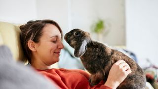 Woman sitting on sofa with rabbit