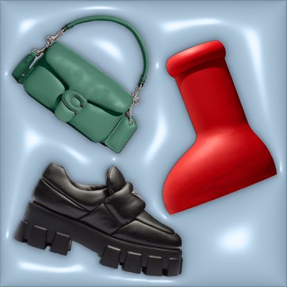 Graphic of the 2023 puffy trend featuring Prada loafers, Coach bag, and MSCHF boot