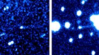 Two side by side images are very blue with white blobs. In the right image, there is one medium-size blob with an obvious, slight tail.