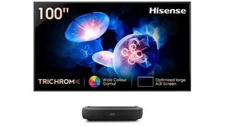 Hisense L9 laser TV projecting an image of some jellyfish onto a screen with a white background
