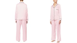 model wearing baby pink Bluebella Abigail Satin Pajama Set from the front and back