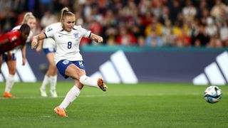 Georgia Stanway of England scores her team's first goal from the penalty spot during the FIFA Women's World Cup Australia & New Zealand 2023 Group D match between England and Haiti at Brisbane Stadium on July 22, 2023 in Brisbane, Australia