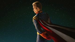 A screenshot of Homelander staring down at an off-screen Earth in a poster for The Boys season 5