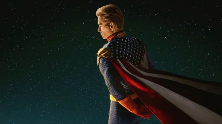 A screenshot of Homelander staring down at an off-screen Earth in a poster for The Boys season 5