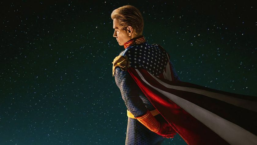 A screenshot of Homelander staring down at an off-screen Earth in a poster for The Boys season 5