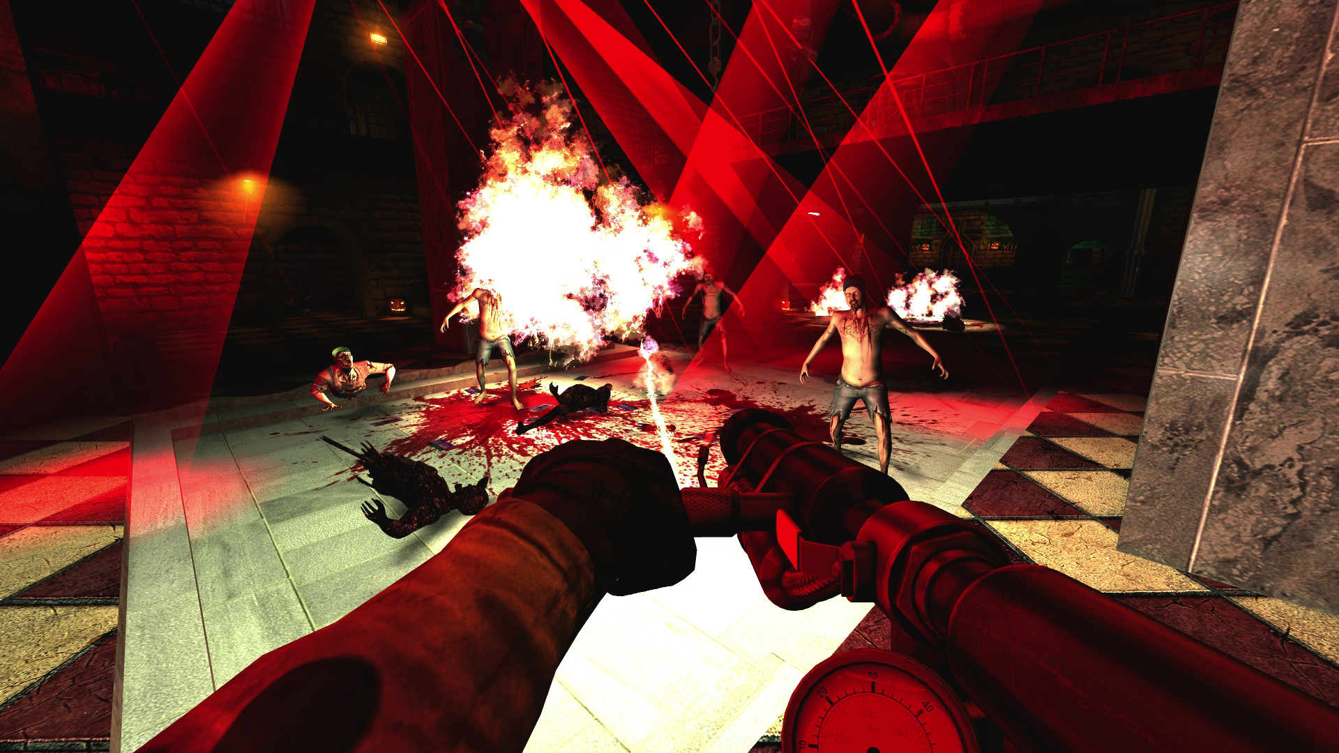 Killing Floor screenshot of a room filled with zombies. Some are on fire while others walk below red spotlights as the player character points a machine gun in their direction