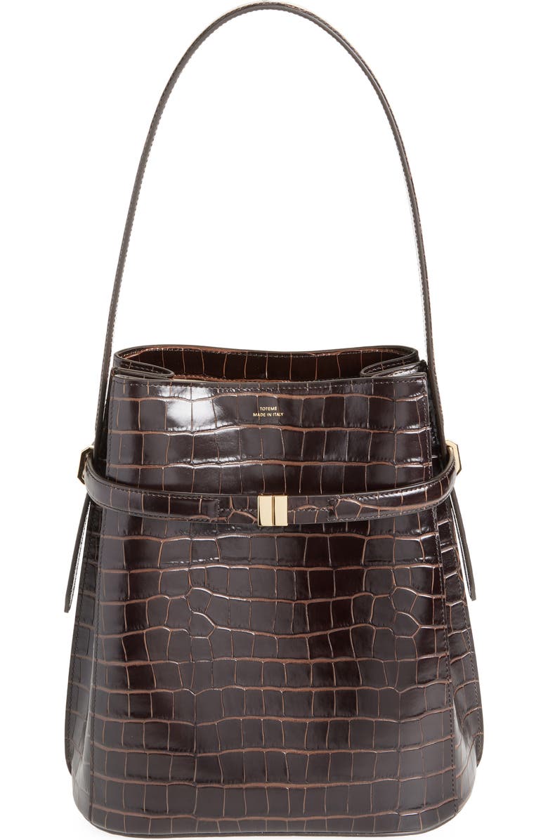 Belted Croc Embossed Leather Bucket Bag