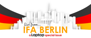 A semi-shaded papercraft illustration of the city of Berlin, Germany in front of a German national flag banner with the words &quot;Live from IFA Berlin, a Laptop special issue&quot; using the Laptop Mag logo