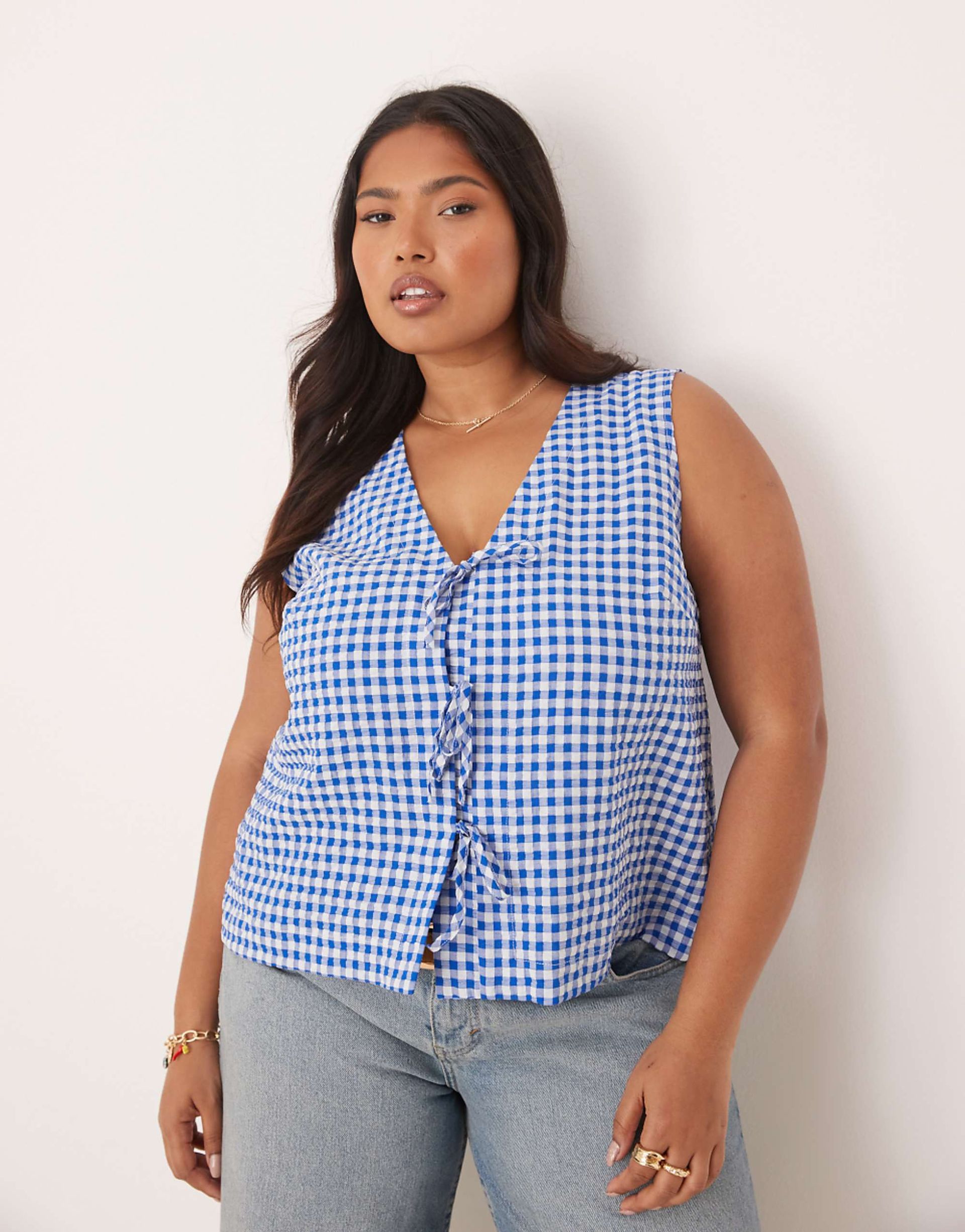 Nobodys Child Plus Tessa Tie Detail Sleeveless Top in Blue Checkerboard
