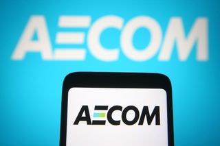 Aecom company logo on smartphone with blurred logo in background