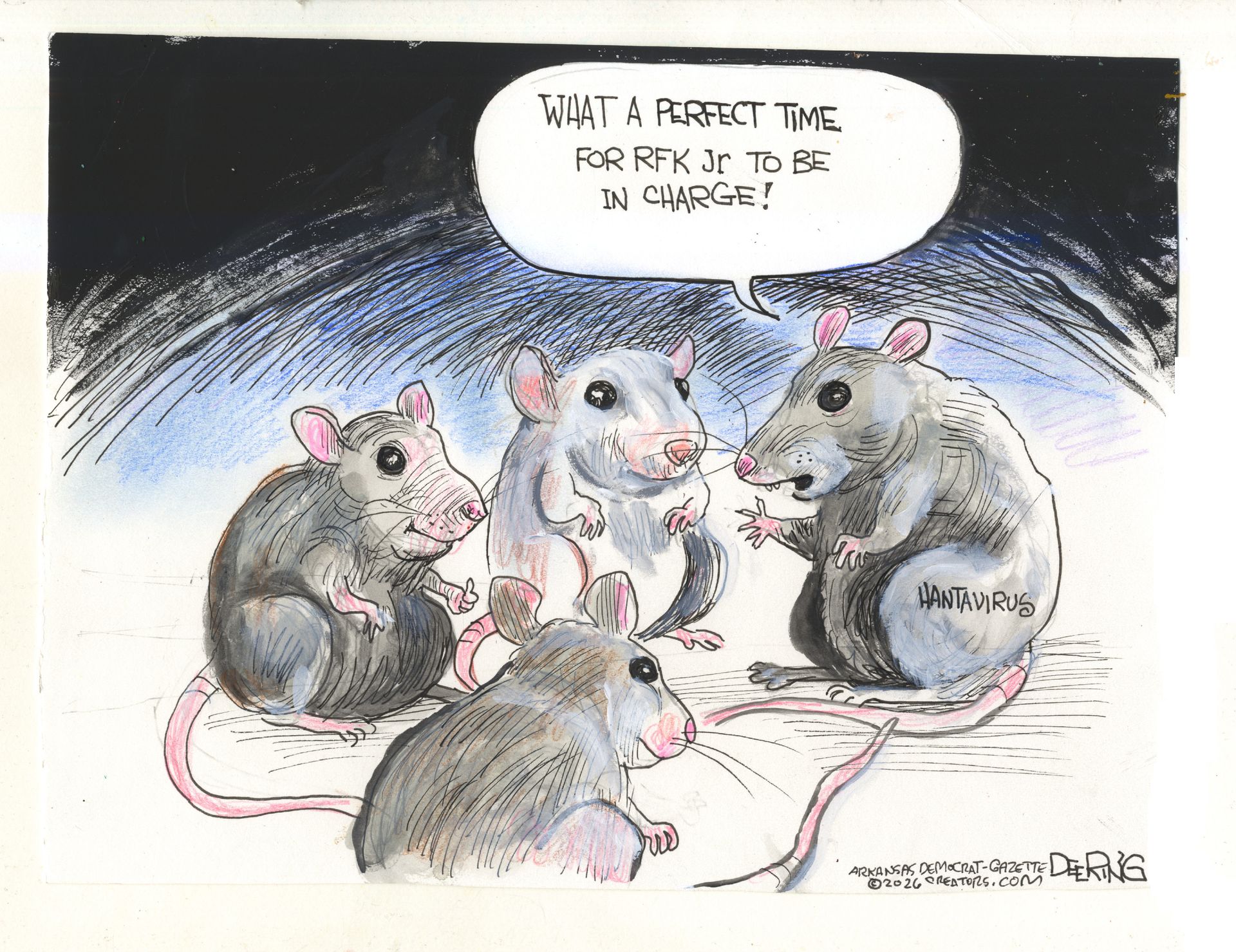 
                                A group of four rats are speaking to each other. One of them is labeled “Hantavirus.” That one says, “What a perfect time for RFK Jr to be in charge!”
                            