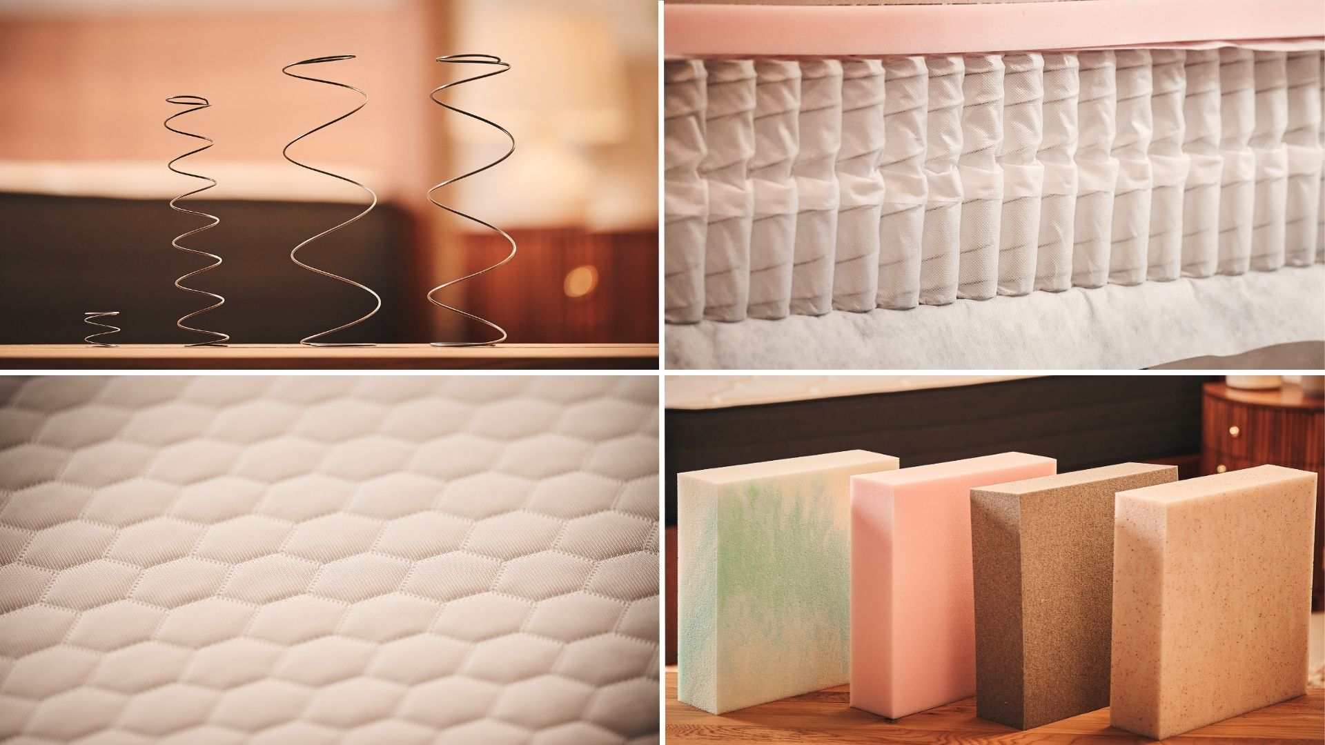A collage of four pictures of mattress materials. Four mattress coils standing up (top left). Layer of individually wrapped coils (top right). White GlacioTex cover (bottom left). Four slabs of mattress foams (bottom right). 